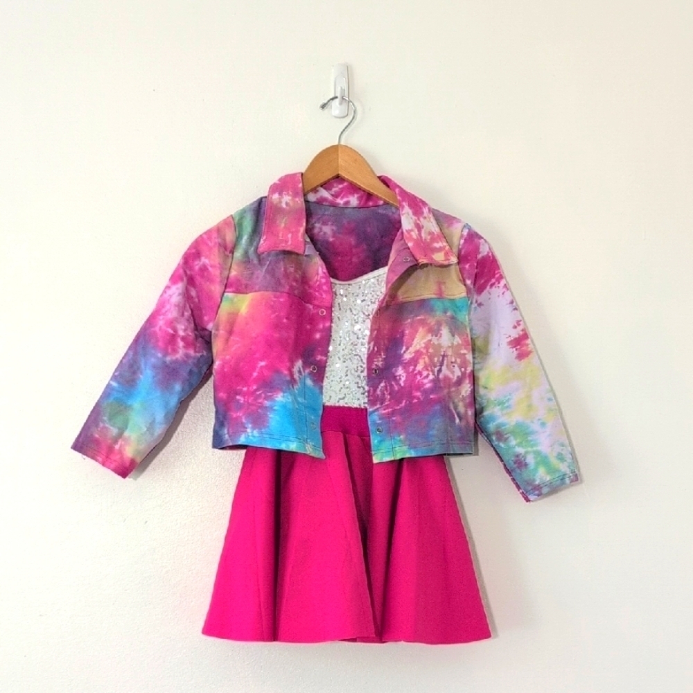 New Weissman Tie-Dye Jacket Sequin Pink Skater Dress Shorts Set Dance Party M